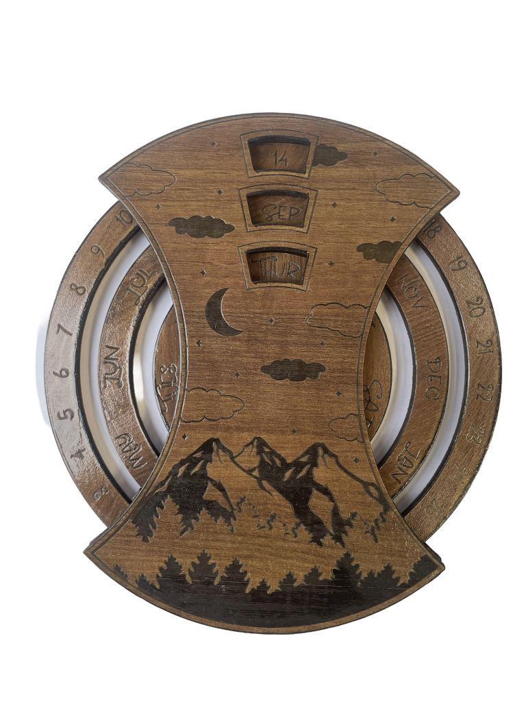 Rustic Wooden Wall Calendar – Mountain Scene Design