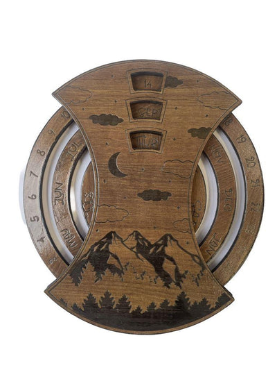 Rustic Wooden Wall Calendar – Mountain Scene Design