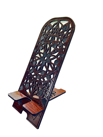 Wooden Phone Stand – Floral Mandala Carved Design