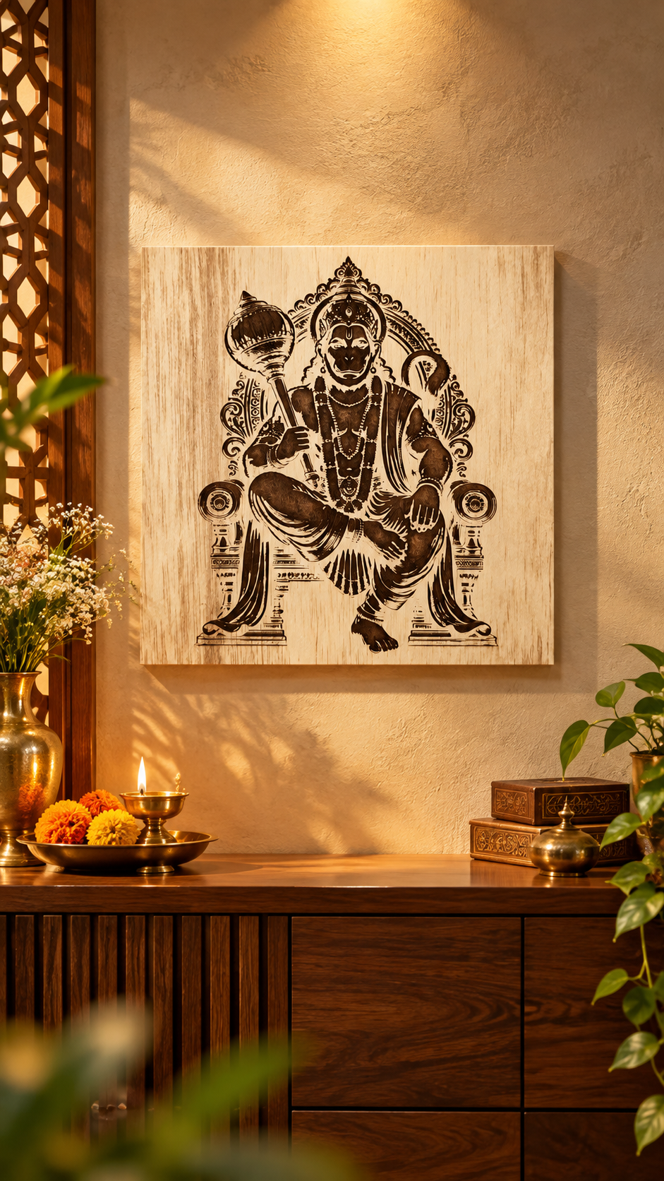 Lord Hanuman Wooden Wall Art – Premium Laminated MDF Spiritual Wall Décor | Intricate Engraved Design | 3 mm