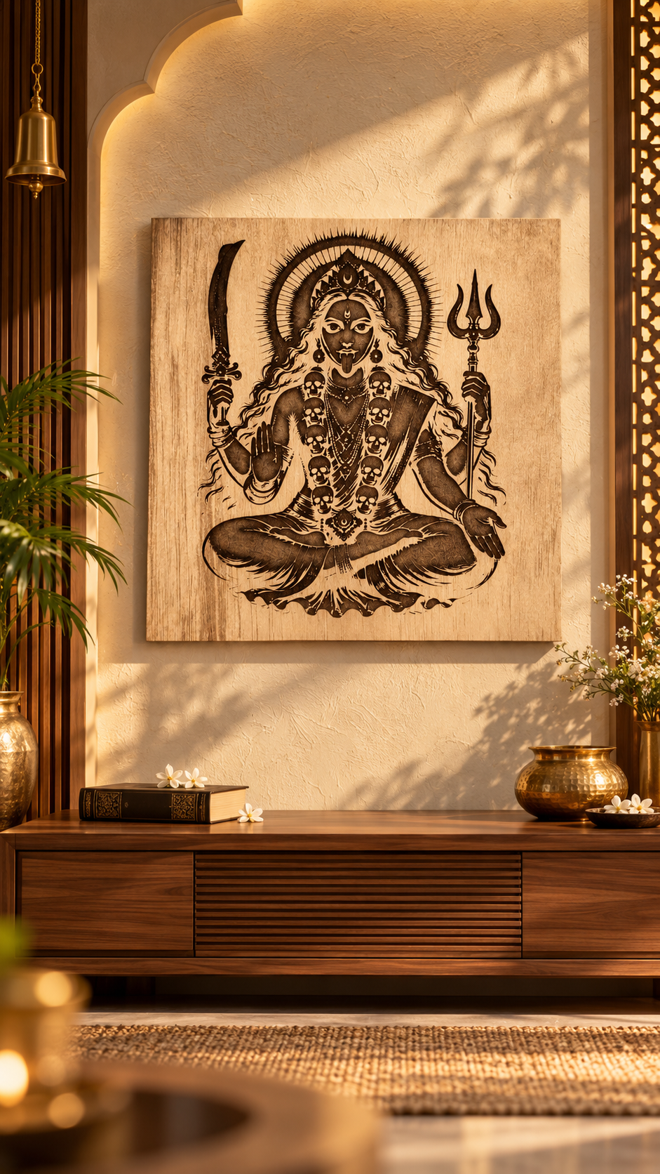 Maa Kali Wooden Wall Art – Premium Laminated MDF Goddess Kali with Sword & Trishul | Hindu Spiritual Wall Décor | 3 mm