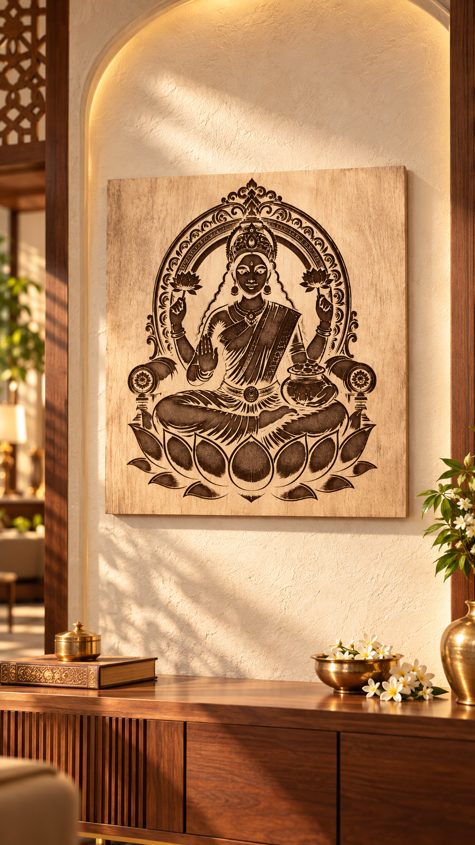 Maa Lakshmi Wooden Wall Art – Premium Laminated MDF Goddess Lakshmi on Lotus | Hindu God Wall Décor | 3 mm