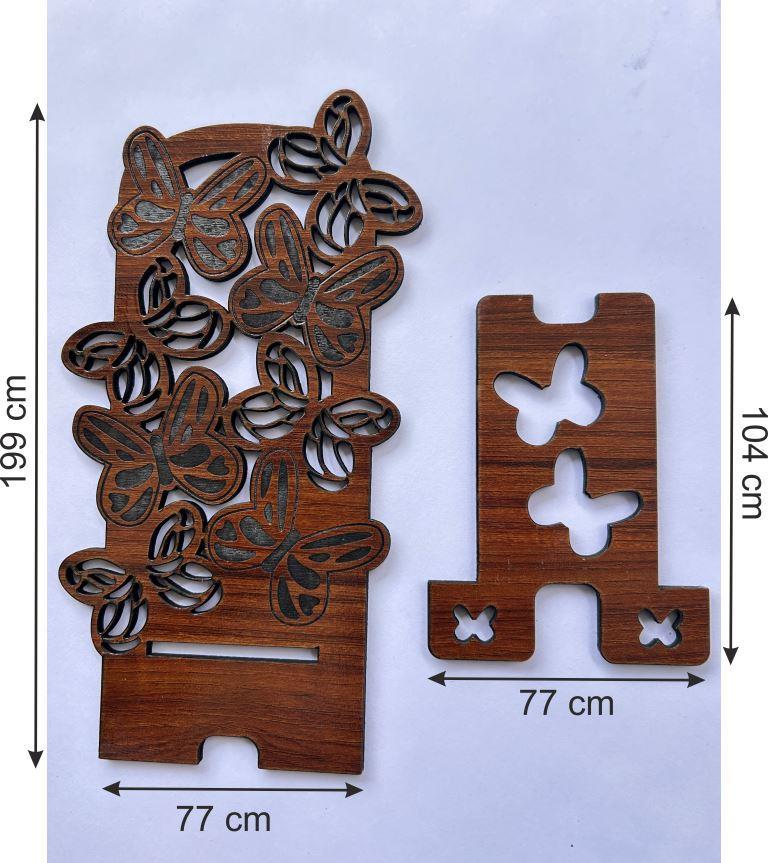 Wooden decorative panel with butterfly cutouts and measurements on a white background