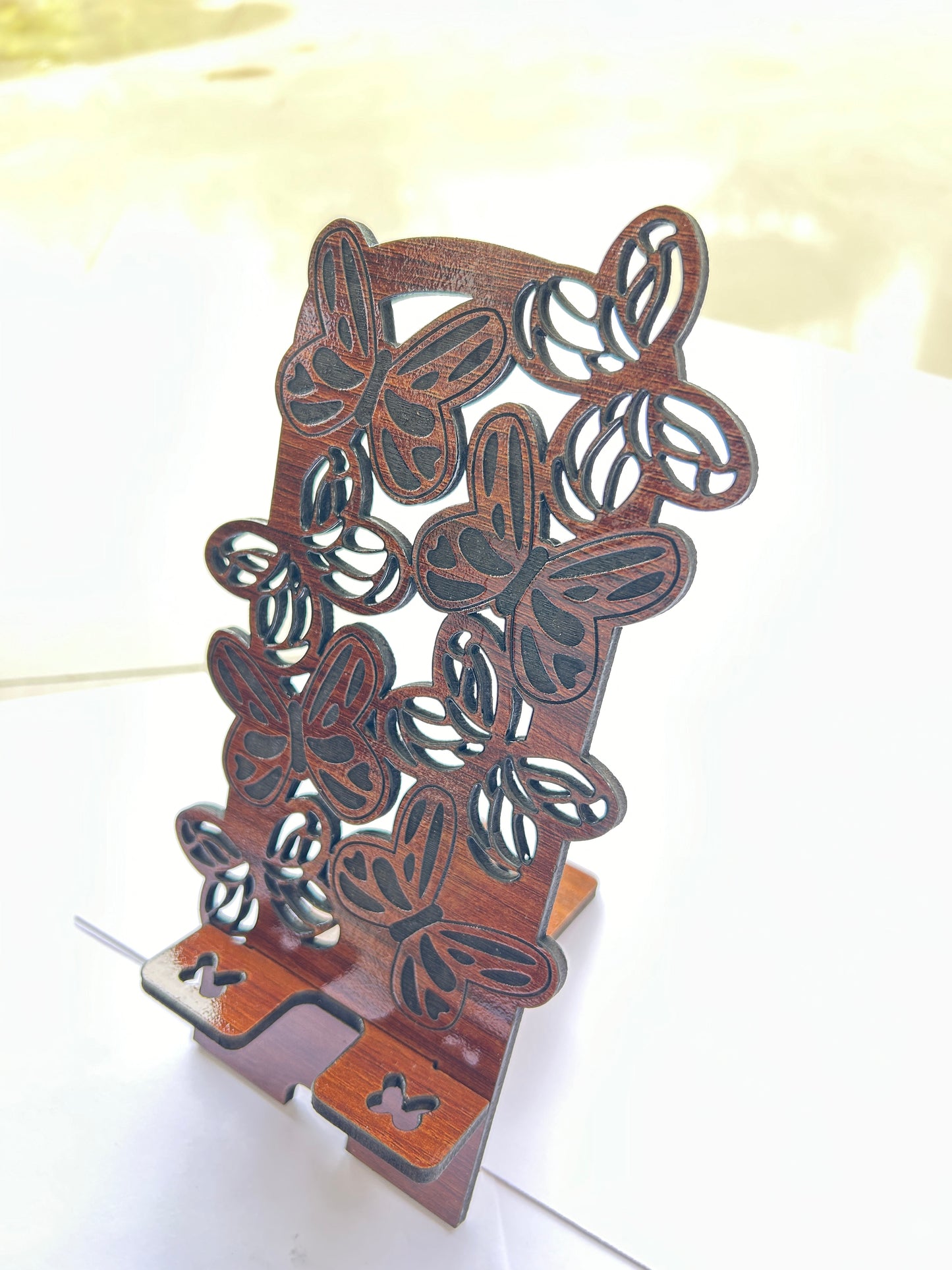 Wooden Phone Stand – Butterfly Carved Design