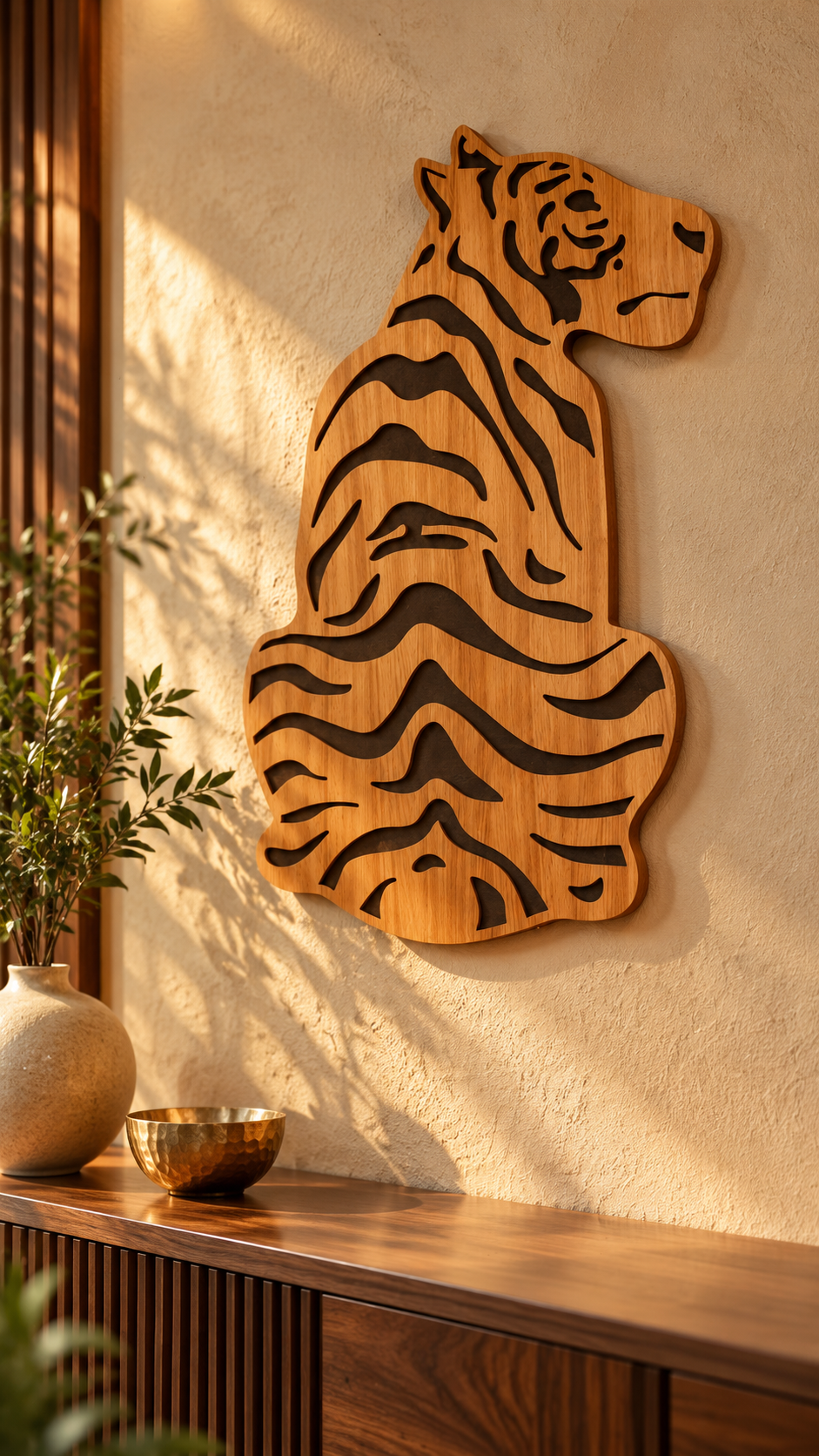Laminated MDF - Premium Wooden Tiger Wall Hanging – Engraved Stripe Design | Natural Wood Finish