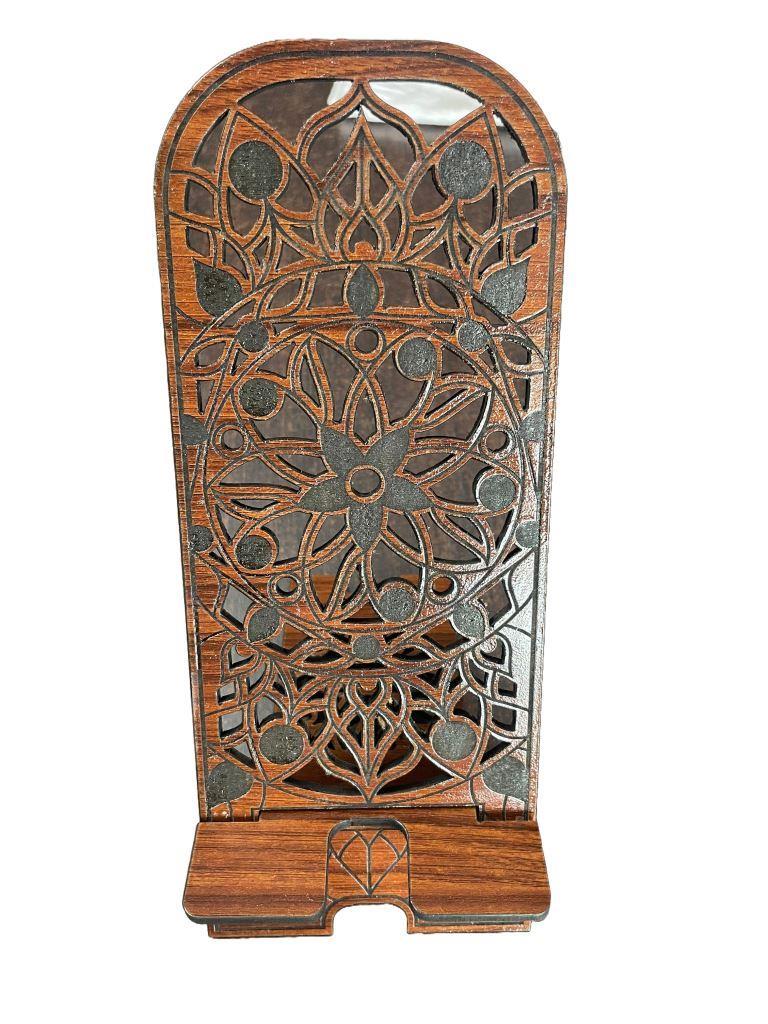 Wooden Phone Stand – Floral Mandala Carved Design