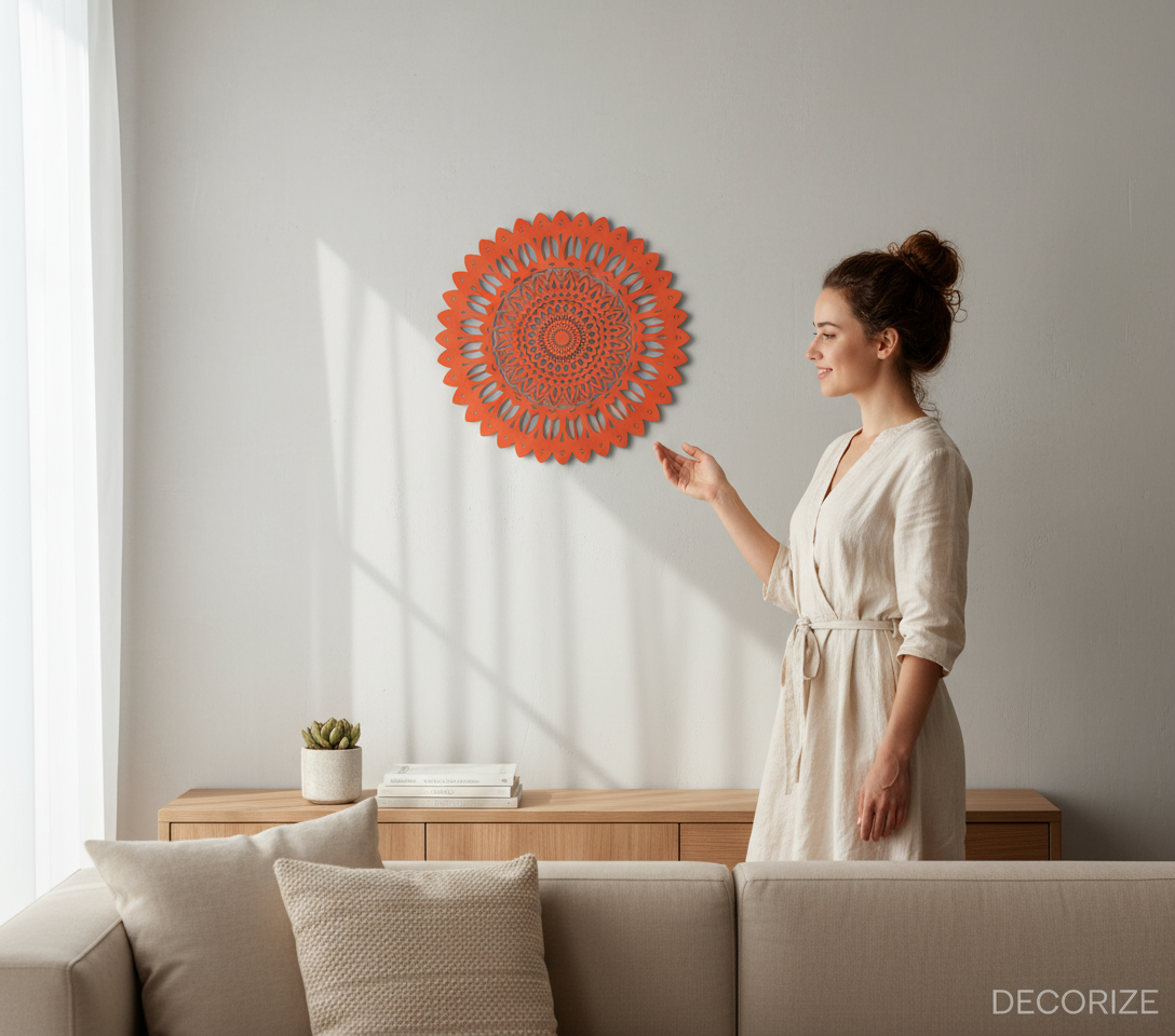 Decorative Wooden Wall Art – Orange Mandala Laser-Cut Design