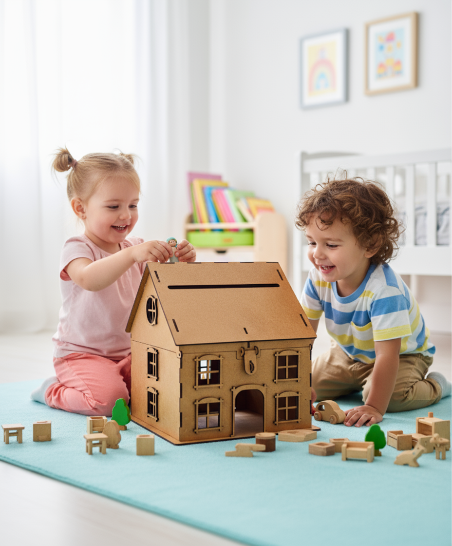 Wooden Dollhouse, Two-Story Cottage Style