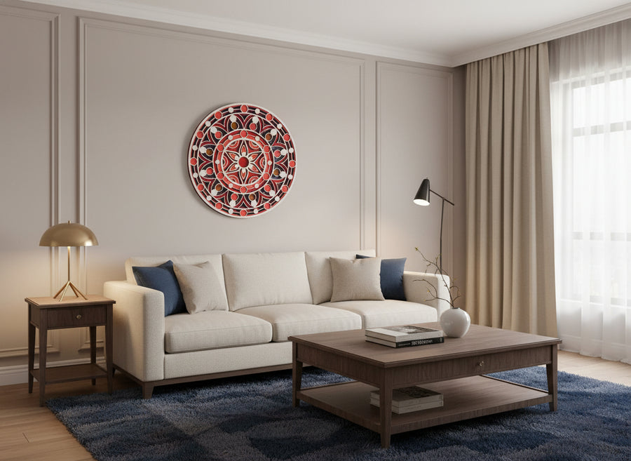 Decorative mandala art with a red, blue, and white geometric pattern 