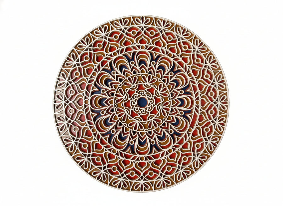Decorative plate with intricate circular pattern on a white background