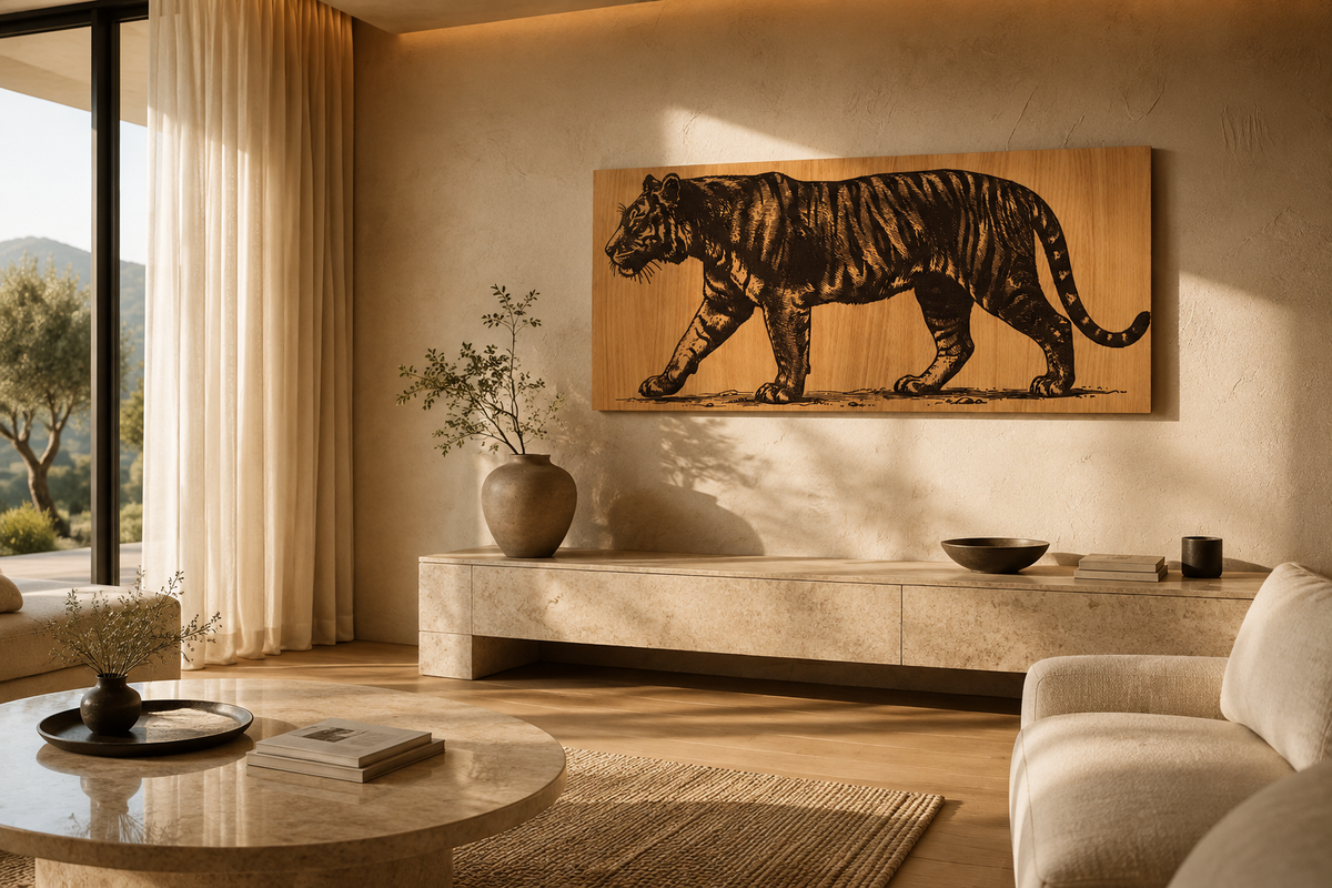 Premium Walking Tiger Wall Art – Engraved Design | Natural Wood Finish | Laminated MDF