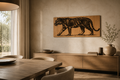 Premium Walking Tiger Wall Art – Engraved Design | Natural Wood Finish | Laminated MDF