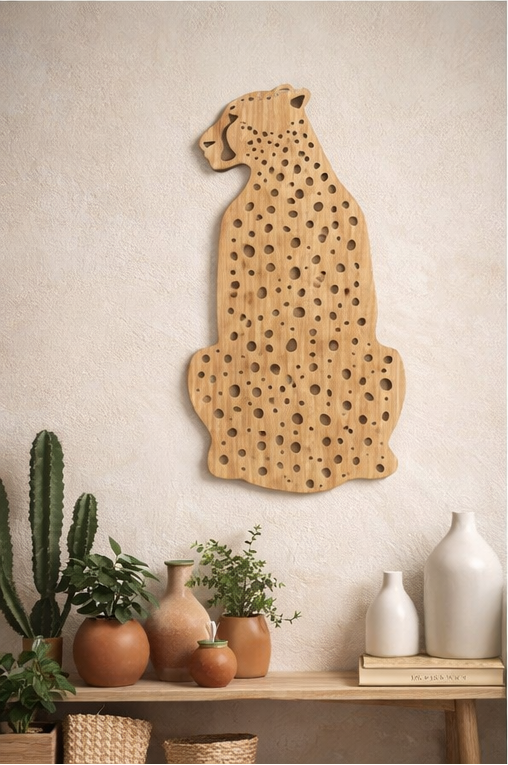 Wooden cheetah wall decor in various settings including a living room, office, and home office.