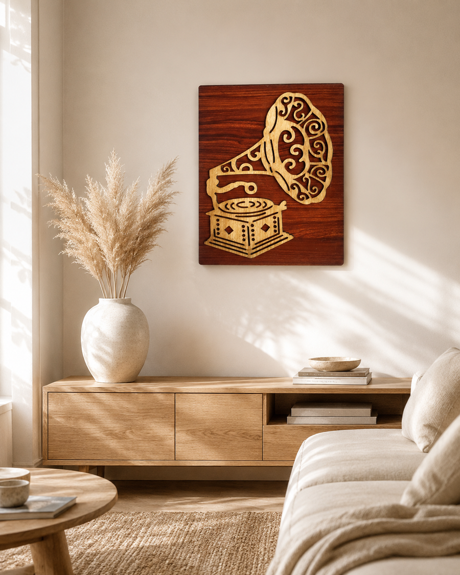 Vintage Gramophone Wooden Wall Art | 2 Layered Premium Laminated MDF Wall Décor | Retro Music Theme | Cozy Carvings