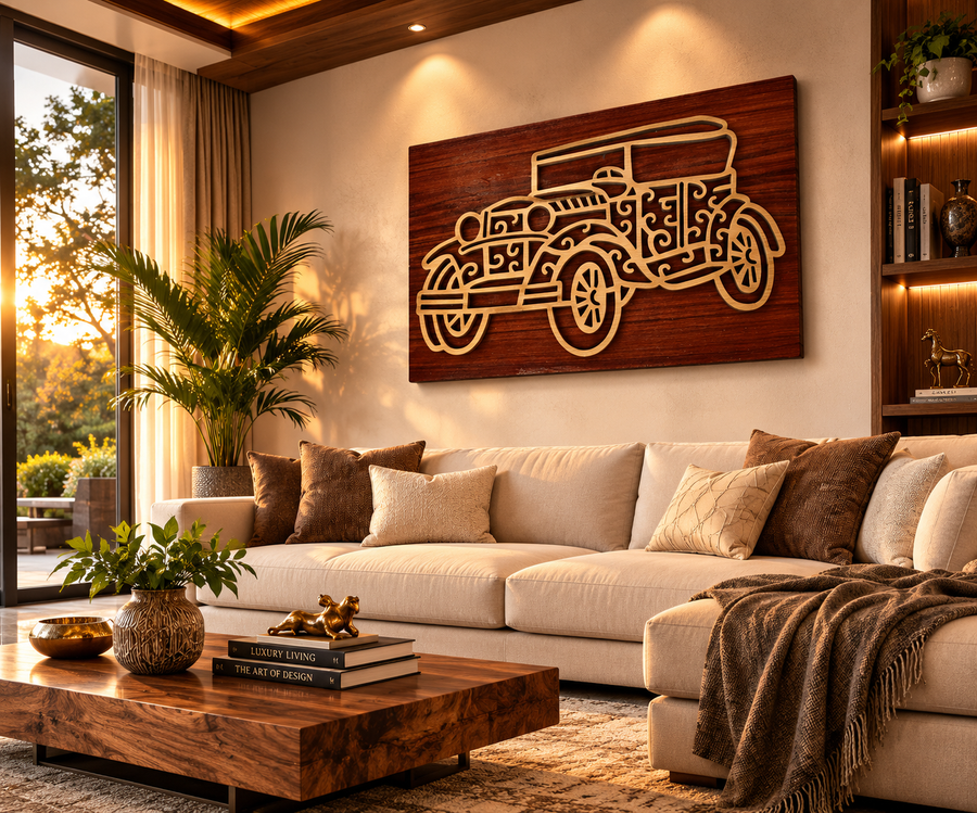 Vintage Classic Car Wooden Wall Art | Retro Automobile 2 Layered Premium Laminated MDF Wall Décor | Classic Car Wall Hanging | Cozy Carvings