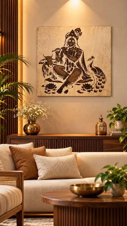 Premium Lord Krishna Wooden Wall Art | Intricate Krishna Flute Engraved Design | Spiritual Indian Wall Décor | Premium Laminated MDF