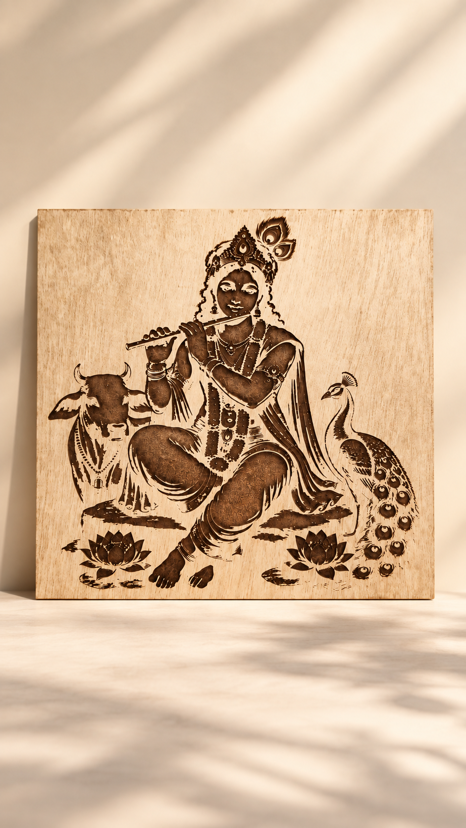 Premium Lord Krishna Wooden Wall Art | Intricate Krishna Flute Engraved Design | Spiritual Indian Wall Décor | Premium Laminated MDF