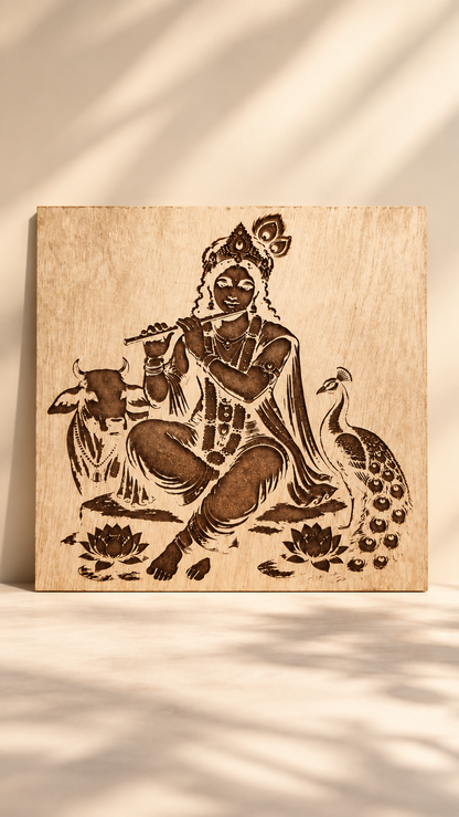 Premium Lord Krishna Wooden Wall Art | Intricate Krishna Flute Engraved Design | Spiritual Indian Wall Décor | Premium Laminated MDF