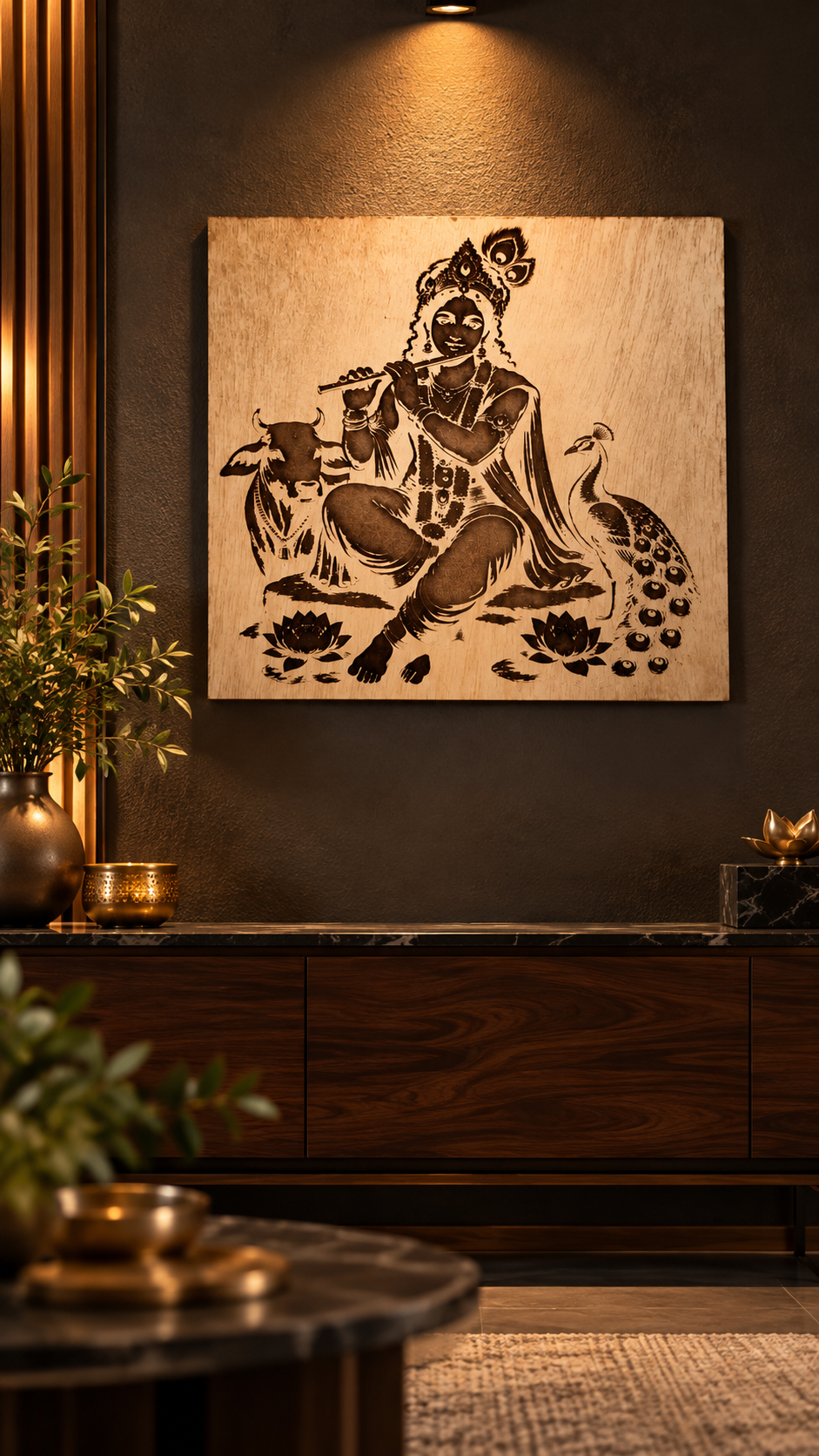 Premium Lord Krishna Wooden Wall Art | Intricate Krishna Flute Engraved Design | Spiritual Indian Wall Décor | Premium Laminated MDF