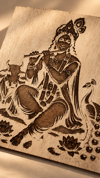 Premium Lord Krishna Wooden Wall Art | Intricate Krishna Flute Engraved Design | Spiritual Indian Wall Décor | Premium Laminated MDF