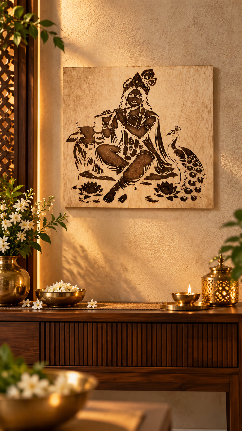 Premium Lord Krishna Wooden Wall Art | Intricate Krishna Flute Engraved Design | Spiritual Indian Wall Décor | Premium Laminated MDF