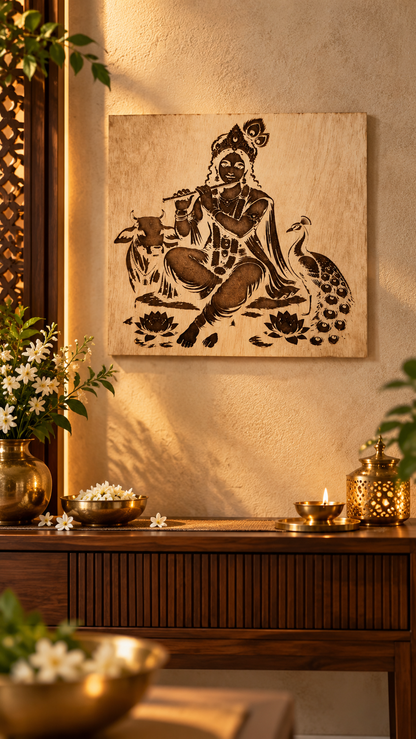 Premium Lord Krishna Wooden Wall Art | Intricate Krishna Flute Engraved Design | Spiritual Indian Wall Décor | Premium Laminated MDF