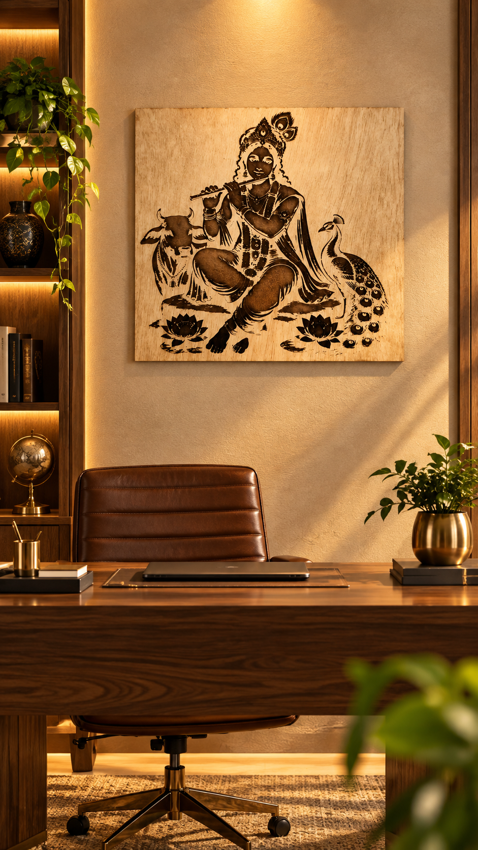 Premium Lord Krishna Wooden Wall Art | Intricate Krishna Flute Engraved Design | Spiritual Indian Wall Décor | Premium Laminated MDF