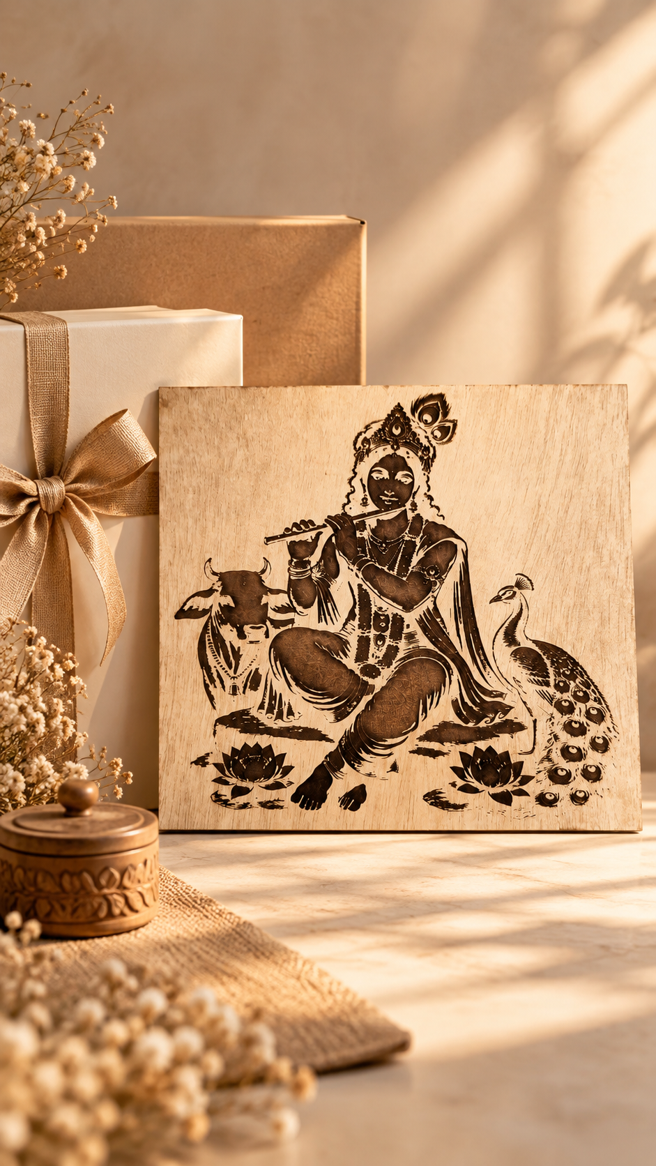 Premium Lord Krishna Wooden Wall Art | Intricate Krishna Flute Engraved Design | Spiritual Indian Wall Décor | Premium Laminated MDF