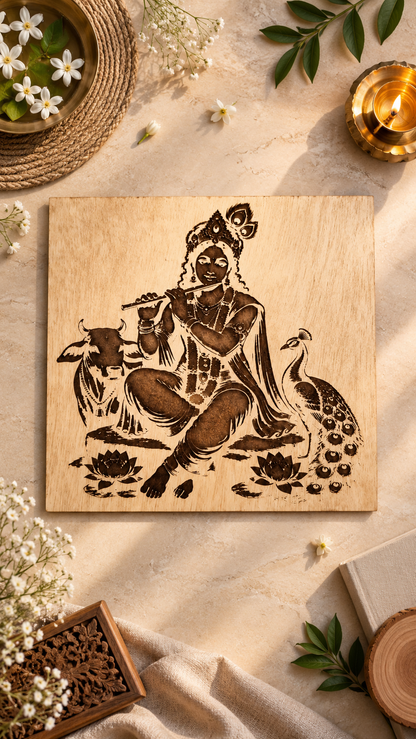 Premium Lord Krishna Wooden Wall Art | Intricate Krishna Flute Engraved Design | Spiritual Indian Wall Décor | Premium Laminated MDF