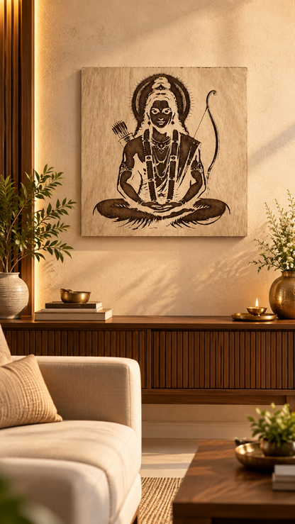 Premium Lord Ram Wooden Wall Art | Shri Ram with Bow & Arrow | Intricate Engraved Spiritual Wall Décor | Premium Laminated MDF