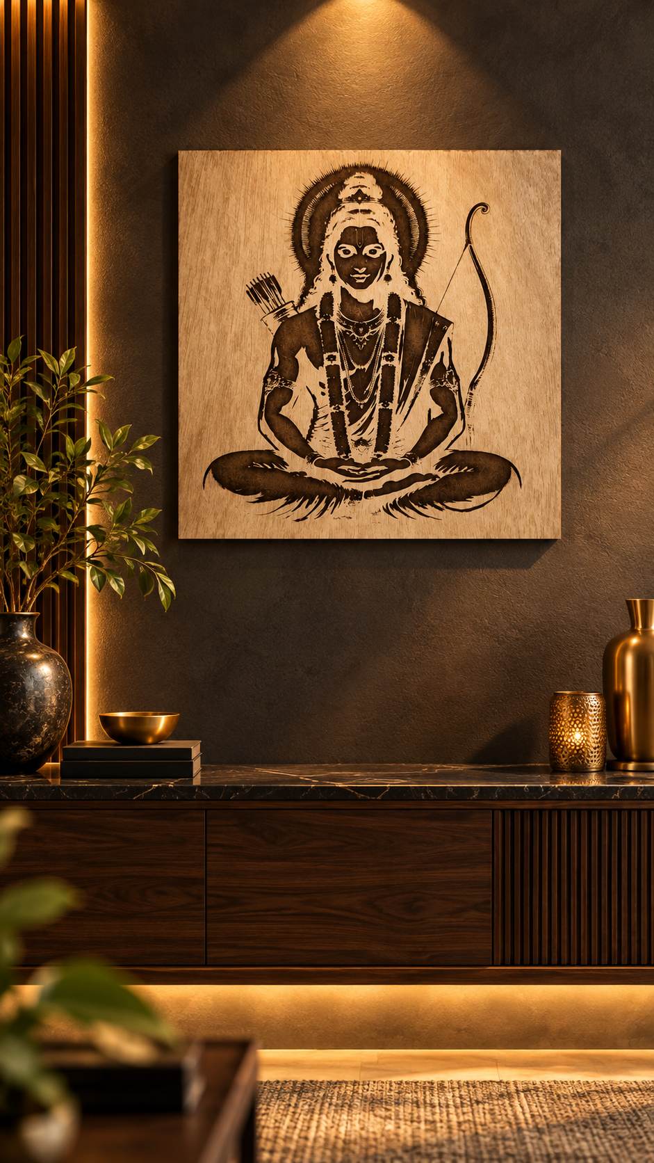 Premium Lord Ram Wooden Wall Art | Shri Ram with Bow & Arrow | Intricate Engraved Spiritual Wall Décor | Premium Laminated MDF