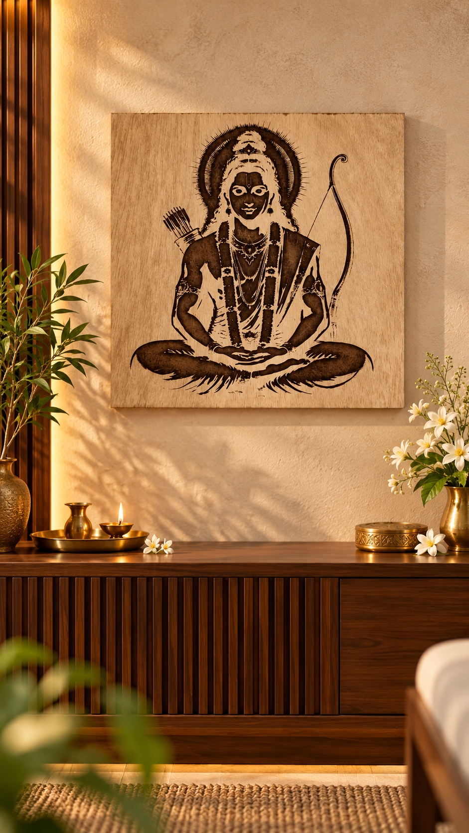 Premium Lord Ram Wooden Wall Art | Shri Ram with Bow & Arrow | Intricate Engraved Spiritual Wall Décor | Premium Laminated MDF