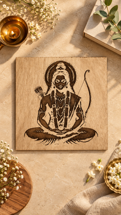 Premium Lord Ram Wooden Wall Art | Shri Ram with Bow & Arrow | Intricate Engraved Spiritual Wall Décor | Premium Laminated MDF