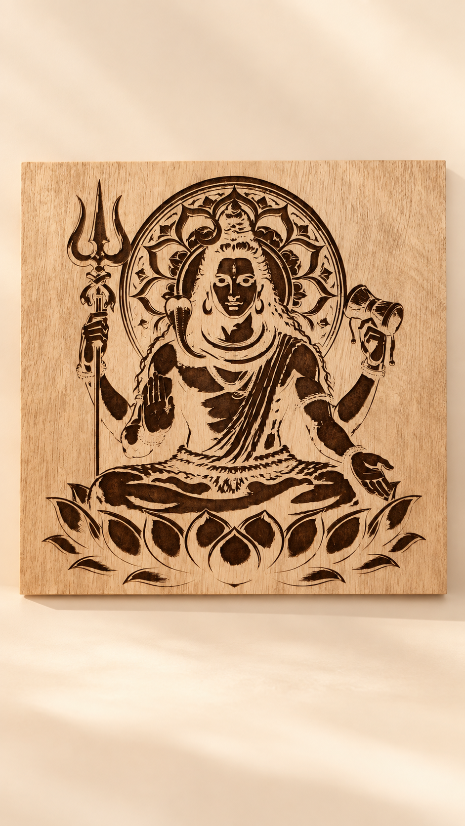 Premium Mahadev Wooden Wall Art | Lord Shiva with Trishul & Damru | Intricate Engraved Spiritual Wall Décor | Premium Laminated MDF