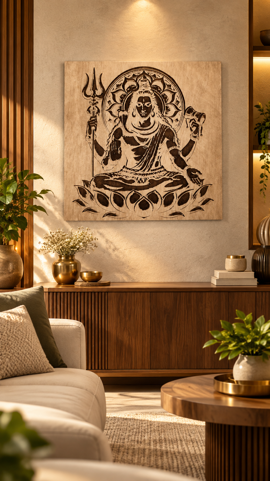 Premium Mahadev Wooden Wall Art | Lord Shiva with Trishul & Damru | Intricate Engraved Spiritual Wall Décor | Premium Laminated MDF