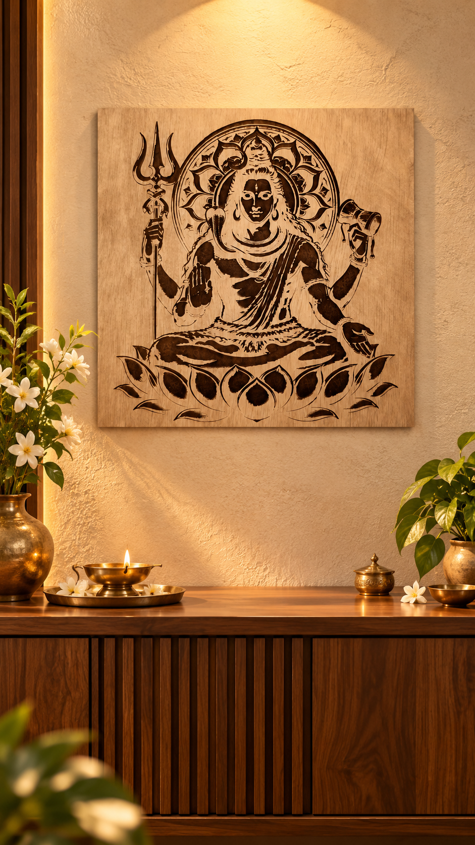 Premium Mahadev Wooden Wall Art | Lord Shiva with Trishul & Damru | Intricate Engraved Spiritual Wall Décor | Premium Laminated MDF
