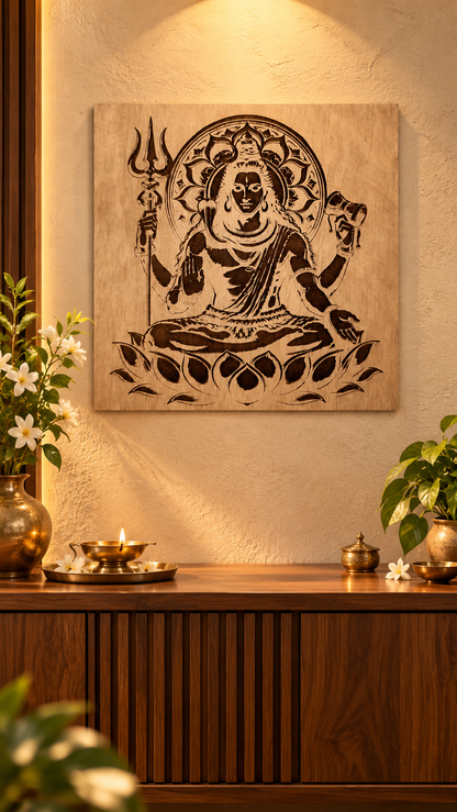 Premium Mahadev Wooden Wall Art | Lord Shiva with Trishul & Damru | Intricate Engraved Spiritual Wall Décor | Premium Laminated MDF