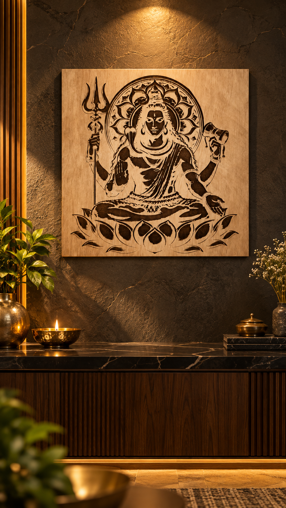 Premium Mahadev Wooden Wall Art | Lord Shiva with Trishul & Damru | Intricate Engraved Spiritual Wall Décor | Premium Laminated MDF
