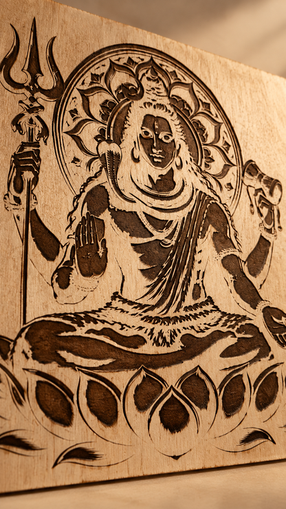 Premium Mahadev Wooden Wall Art | Lord Shiva with Trishul & Damru | Intricate Engraved Spiritual Wall Décor | Premium Laminated MDF