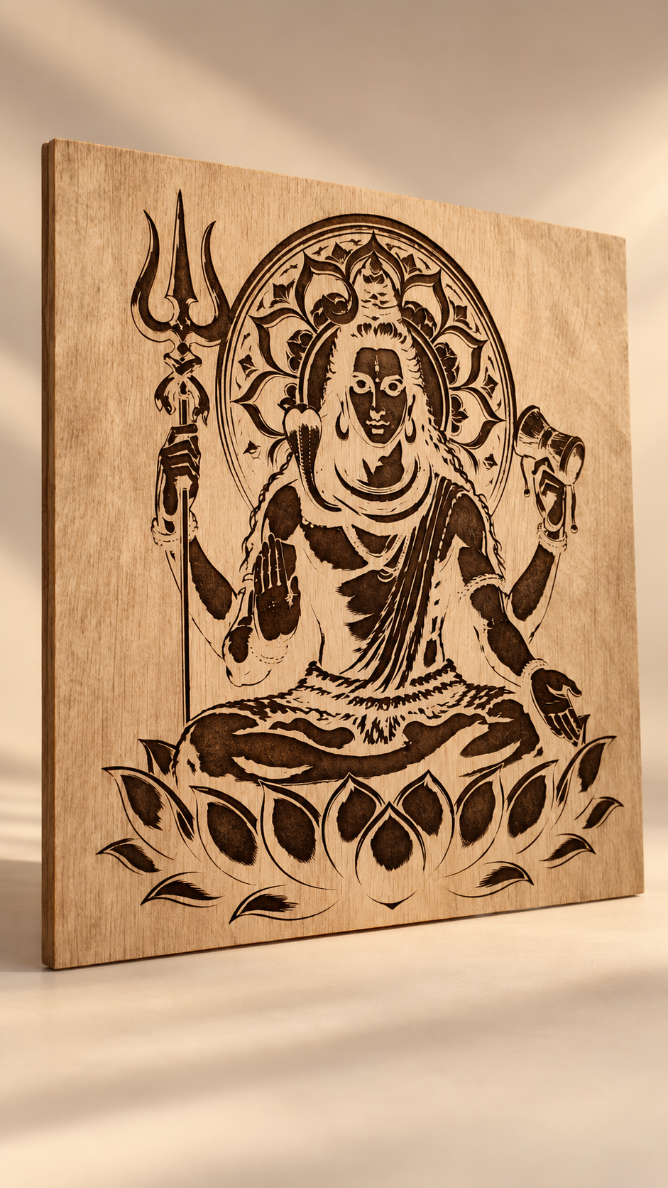 Premium Mahadev Wooden Wall Art | Lord Shiva with Trishul & Damru | Intricate Engraved Spiritual Wall Décor | Premium Laminated MDF