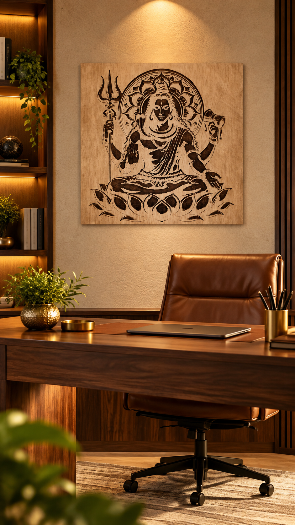 Premium Mahadev Wooden Wall Art | Lord Shiva with Trishul & Damru | Intricate Engraved Spiritual Wall Décor | Premium Laminated MDF