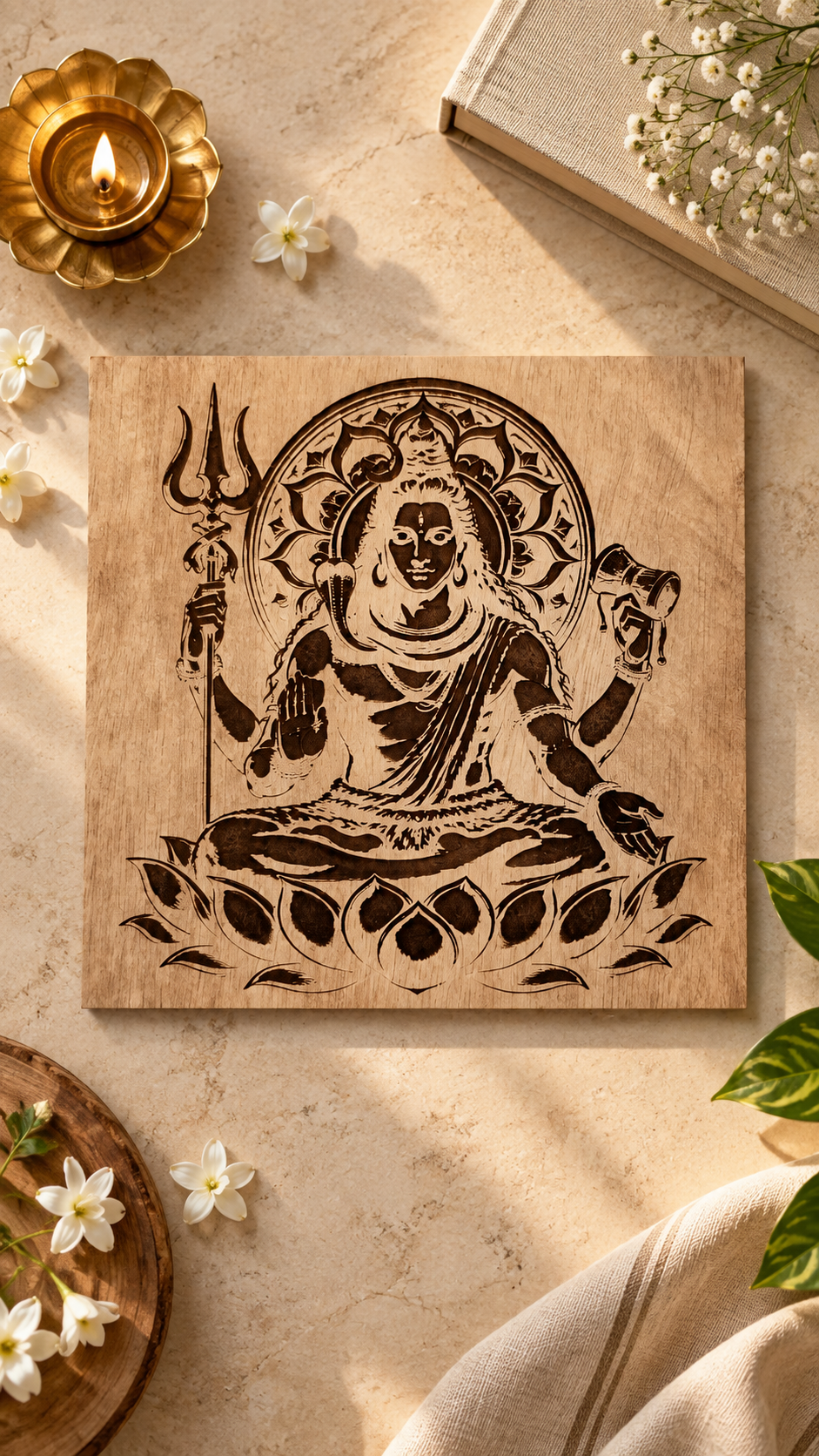 Premium Mahadev Wooden Wall Art | Lord Shiva with Trishul & Damru | Intricate Engraved Spiritual Wall Décor | Premium Laminated MDF