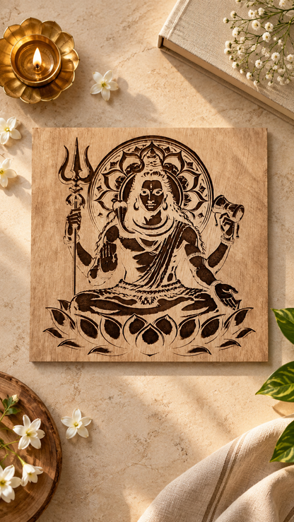 Premium Mahadev Wooden Wall Art | Lord Shiva with Trishul & Damru | Intricate Engraved Spiritual Wall Décor | Premium Laminated MDF