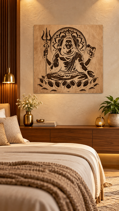 Premium Mahadev Wooden Wall Art | Lord Shiva with Trishul & Damru | Intricate Engraved Spiritual Wall Décor | Premium Laminated MDF