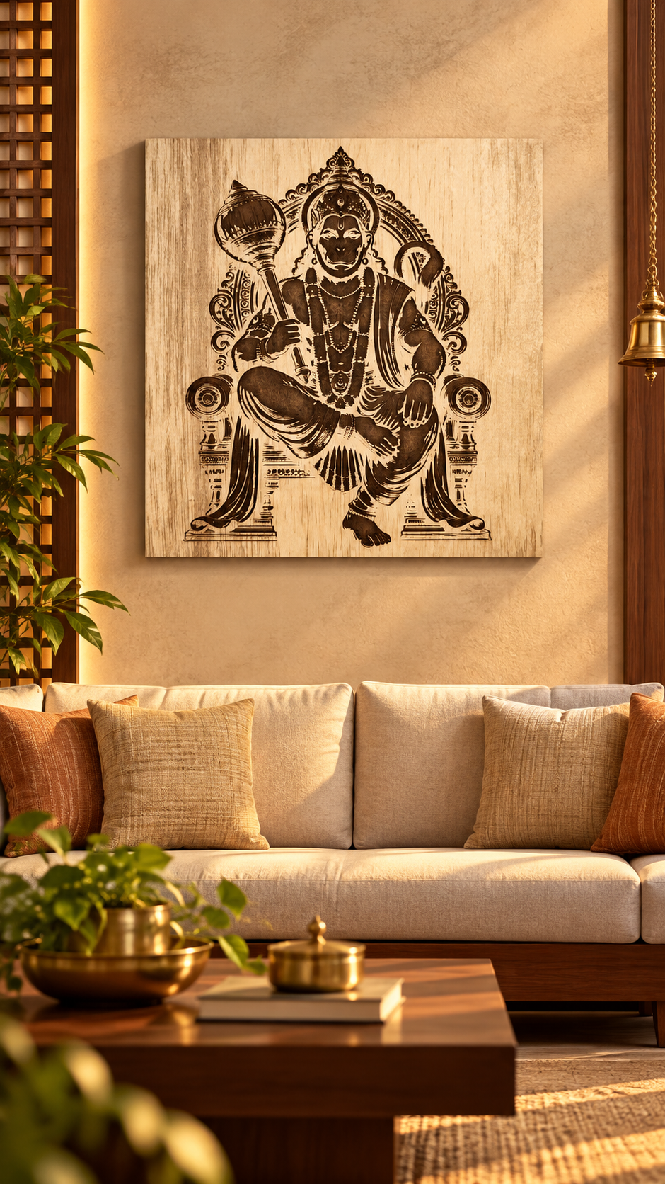 Lord Hanuman Wooden Wall Art – Premium Laminated MDF Spiritual Wall Décor | Intricate Engraved Design | 3 mm