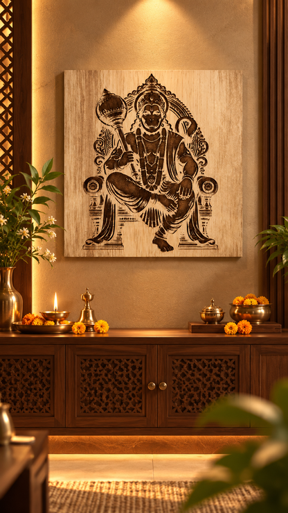 Lord Hanuman Wooden Wall Art – Premium Laminated MDF Spiritual Wall Décor | Intricate Engraved Design | 3 mm