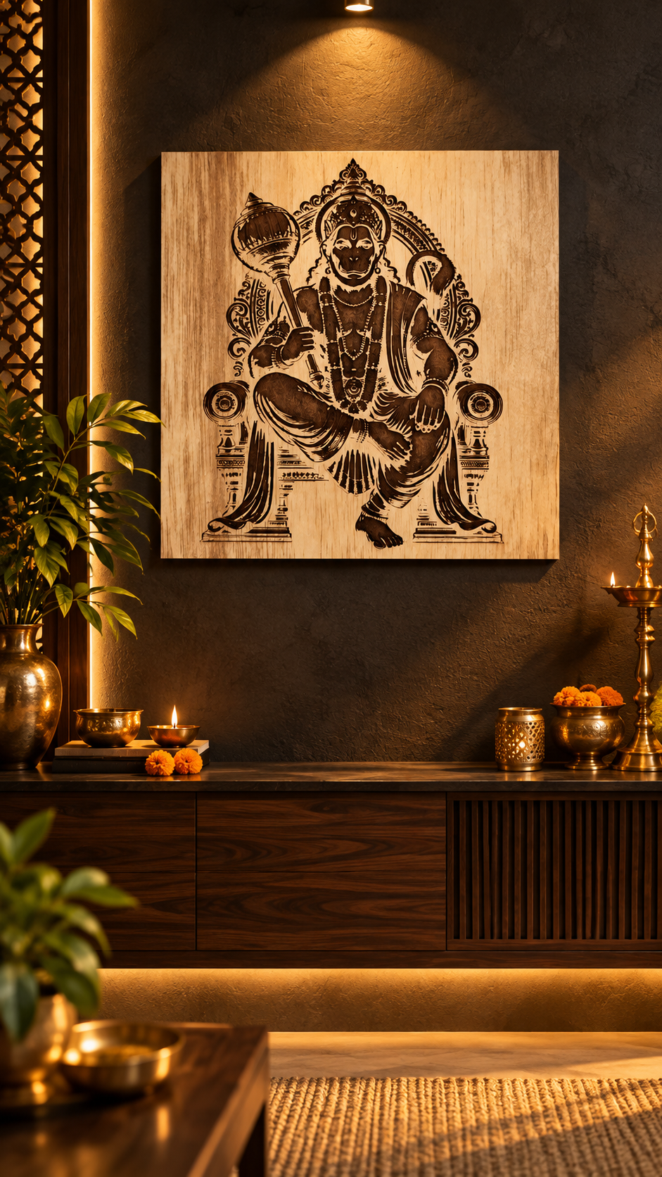 Lord Hanuman Wooden Wall Art – Premium Laminated MDF Spiritual Wall Décor | Intricate Engraved Design | 3 mm