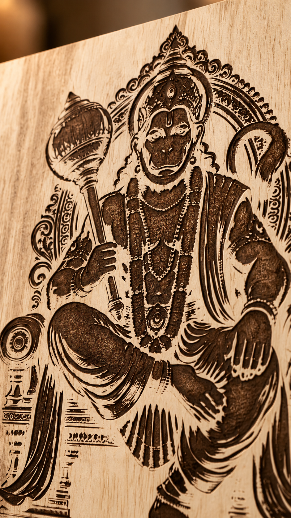Lord Hanuman Wooden Wall Art – Premium Laminated MDF Spiritual Wall Décor | Intricate Engraved Design | 3 mm