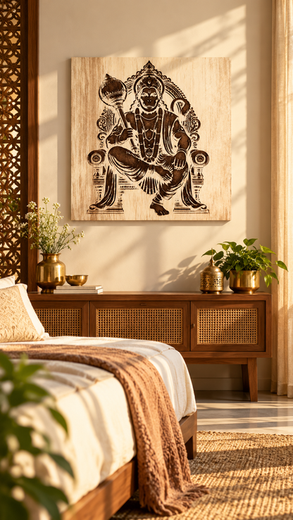 Lord Hanuman Wooden Wall Art – Premium Laminated MDF Spiritual Wall Décor | Intricate Engraved Design | 3 mm