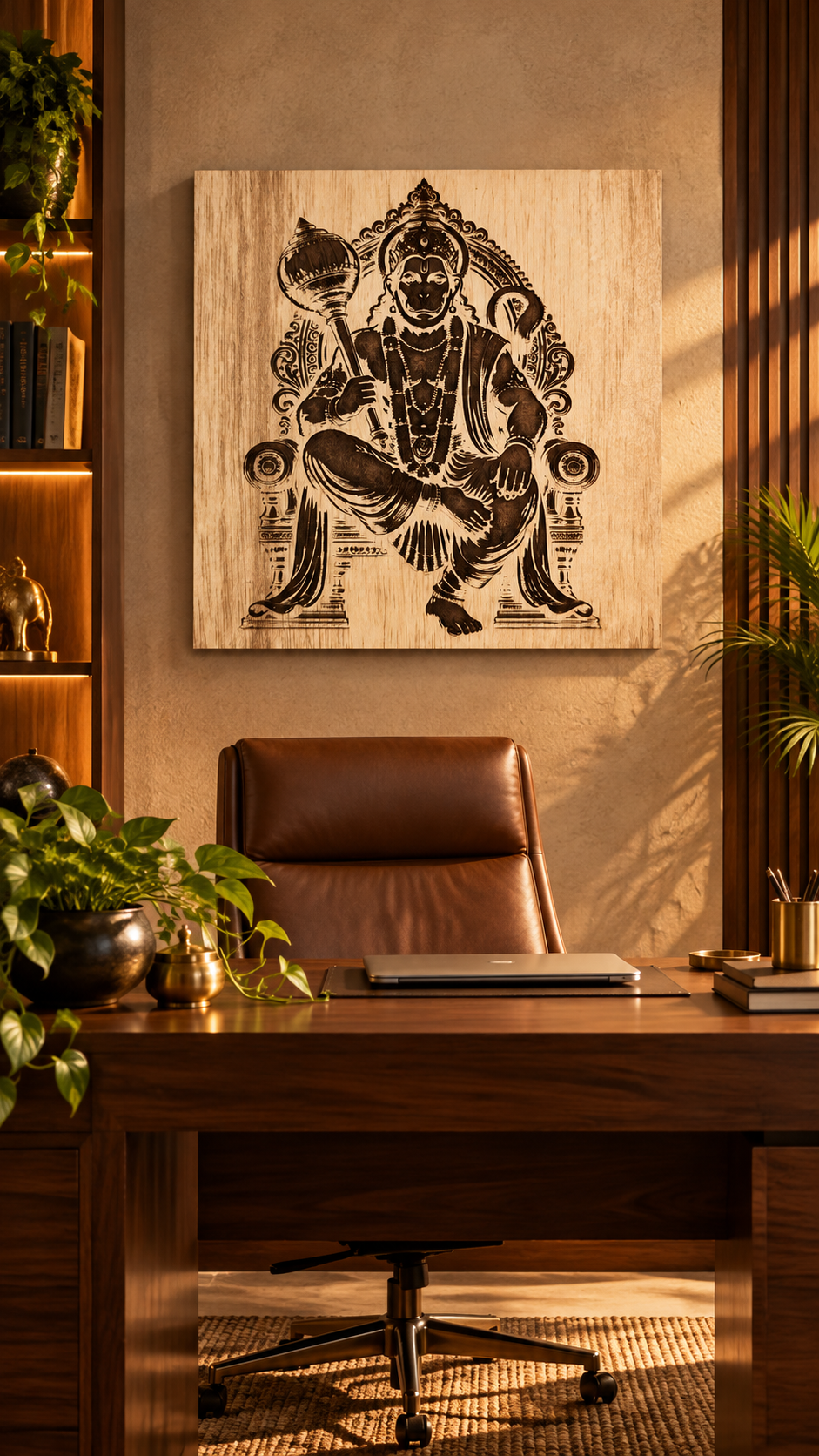 Lord Hanuman Wooden Wall Art – Premium Laminated MDF Spiritual Wall Décor | Intricate Engraved Design | 3 mm
